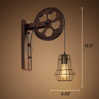 Applique da parete in ferro e legno vintage tradizionale con pulleys a 1 luce