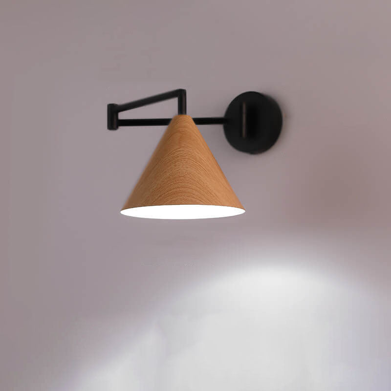 Applique da parete in ferro con braccio a sospensione a cono nordico contemporaneo in legno 1 luce per camera da letto