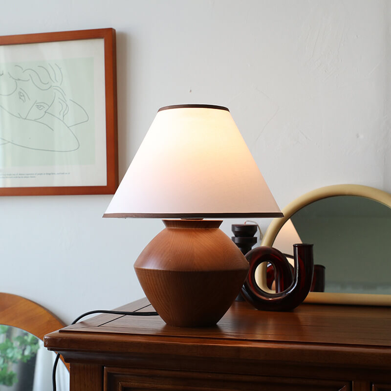 Lampada da Tavolo Vintage in Legno Massello e Tessuto 1 Luce Wabi-sabi Giapponese
