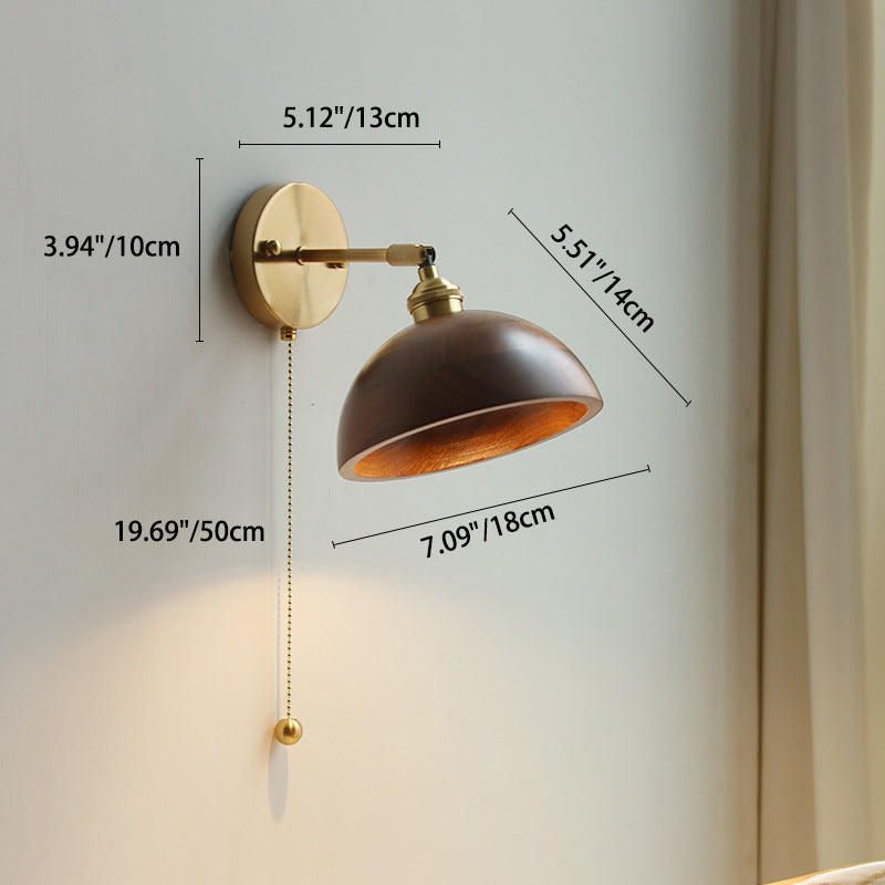 Applique da Parete Lampada a Sospensione Contemporanea Scandinava a Cono Rotondo in Rame e Legno con 1 Luce per Camera da Letto