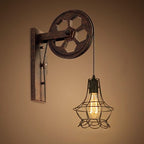 Applique da parete in ferro e legno vintage tradizionale con pulleys a 1 luce