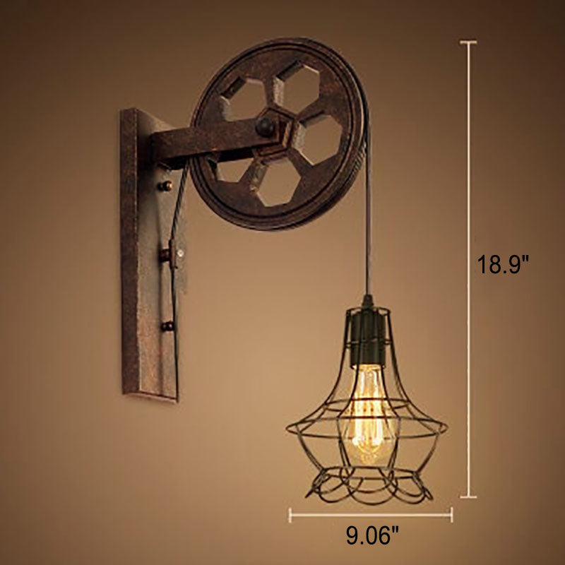 Applique da parete in ferro e legno vintage tradizionale con pulleys a 1 luce