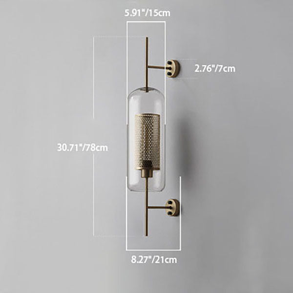 Applique da parete con paralume in vetro cilindrico industriale contemporaneo e struttura in ferro, lampada a 1 luce per camera da letto