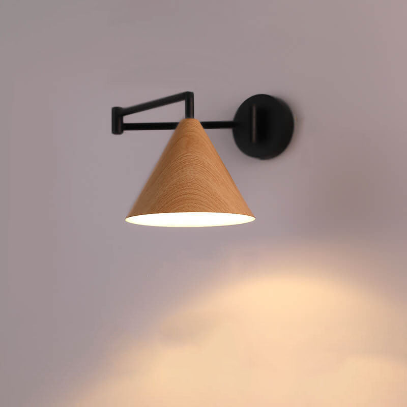 Applique da parete in ferro con braccio a sospensione a cono nordico contemporaneo in legno 1 luce per camera da letto