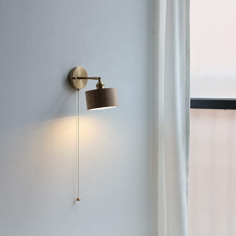 Applique da Parete Lampada a Sospensione Contemporanea Scandinava a Cono Rotondo in Rame e Legno con 1 Luce per Camera da Letto