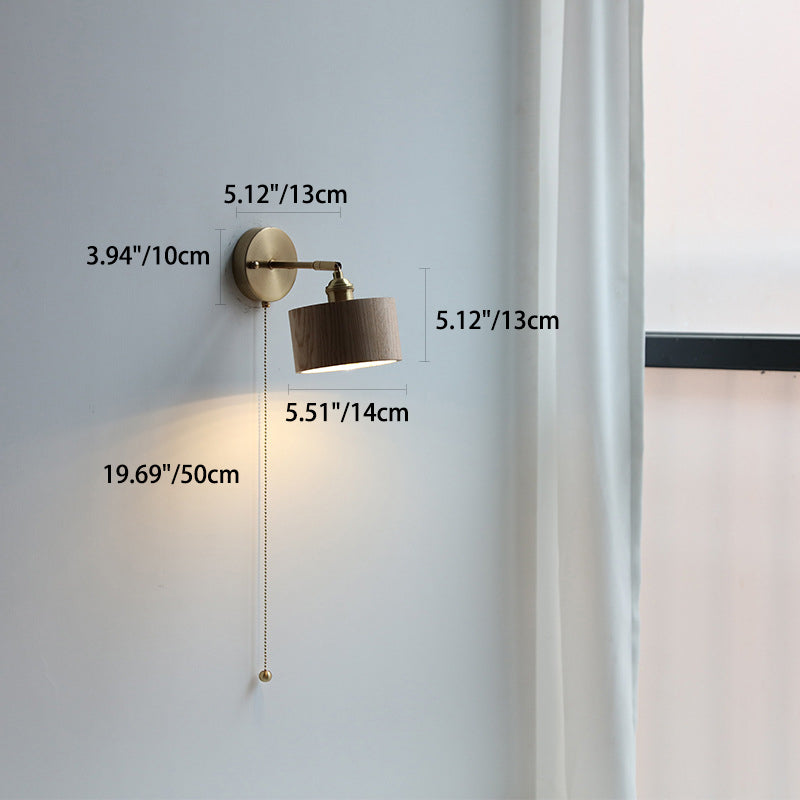 Applique da Parete Lampada a Sospensione Contemporanea Scandinava a Cono Rotondo in Rame e Legno con 1 Luce per Camera da Letto
