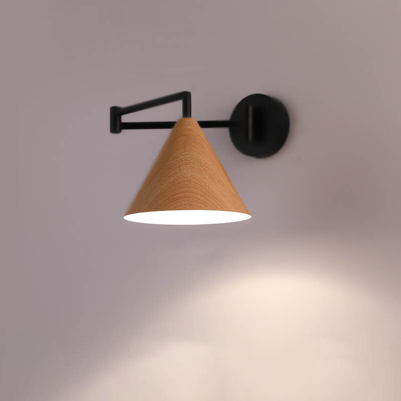 Applique da parete in ferro con braccio a sospensione a cono nordico contemporaneo in legno 1 luce per camera da letto