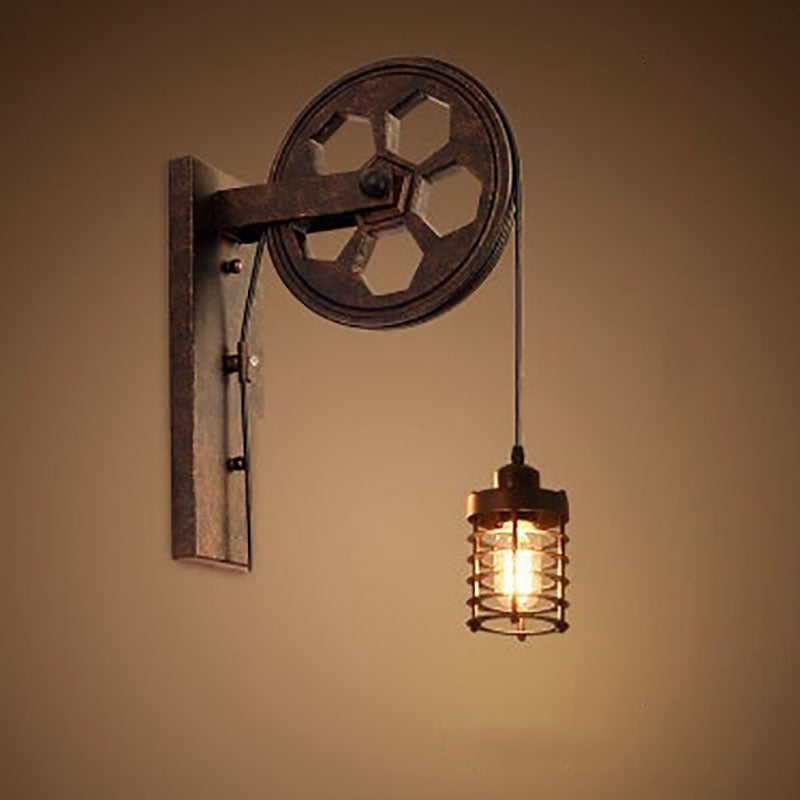 Applique da parete in ferro e legno vintage tradizionale con pulleys a 1 luce