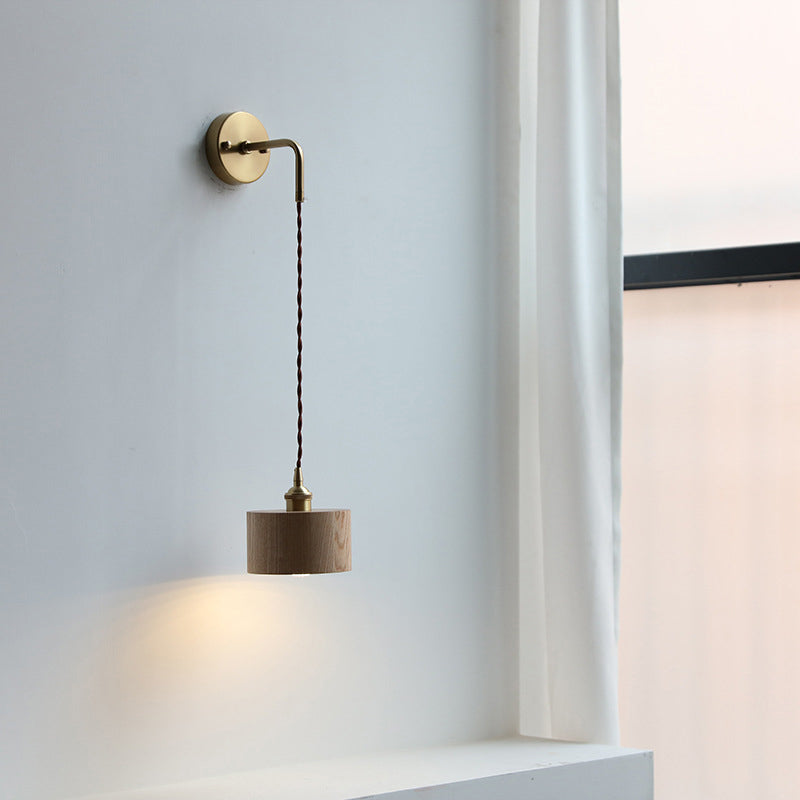 Applique da Parete Lampada a Sospensione Contemporanea Scandinava a Cono Rotondo in Rame e Legno con 1 Luce per Camera da Letto