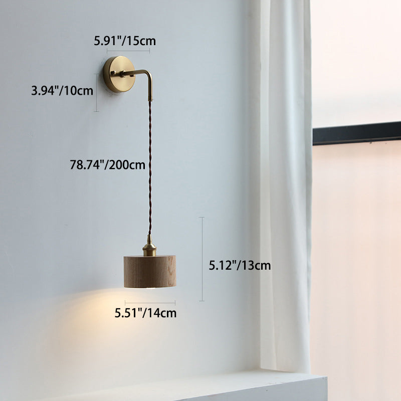 Applique da Parete Lampada a Sospensione Contemporanea Scandinava a Cono Rotondo in Rame e Legno con 1 Luce per Camera da Letto