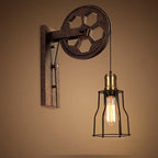 Applique da parete in ferro e legno vintage tradizionale con pulleys a 1 luce