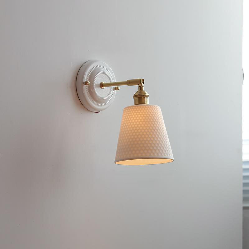 Applique da parete in ceramica vintage tradizionale rotonda in ottone con 1 luce per soggiorno