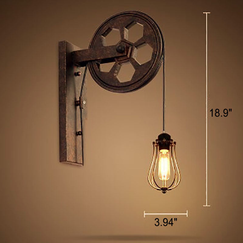 Applique da parete in ferro e legno vintage tradizionale con pulleys a 1 luce