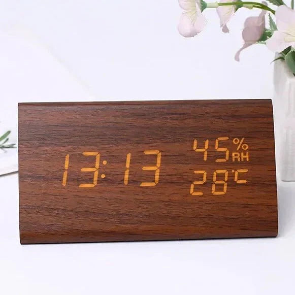 Futura Orologio Sveglia Effetto Legno LED Con Tre Allarmi Indicatore di Temperatura Luminosità Regolabile
