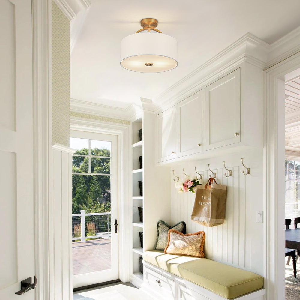 Plafoniera Semi Flush a Tamburo con Ombrello in Lino a 2 Luci