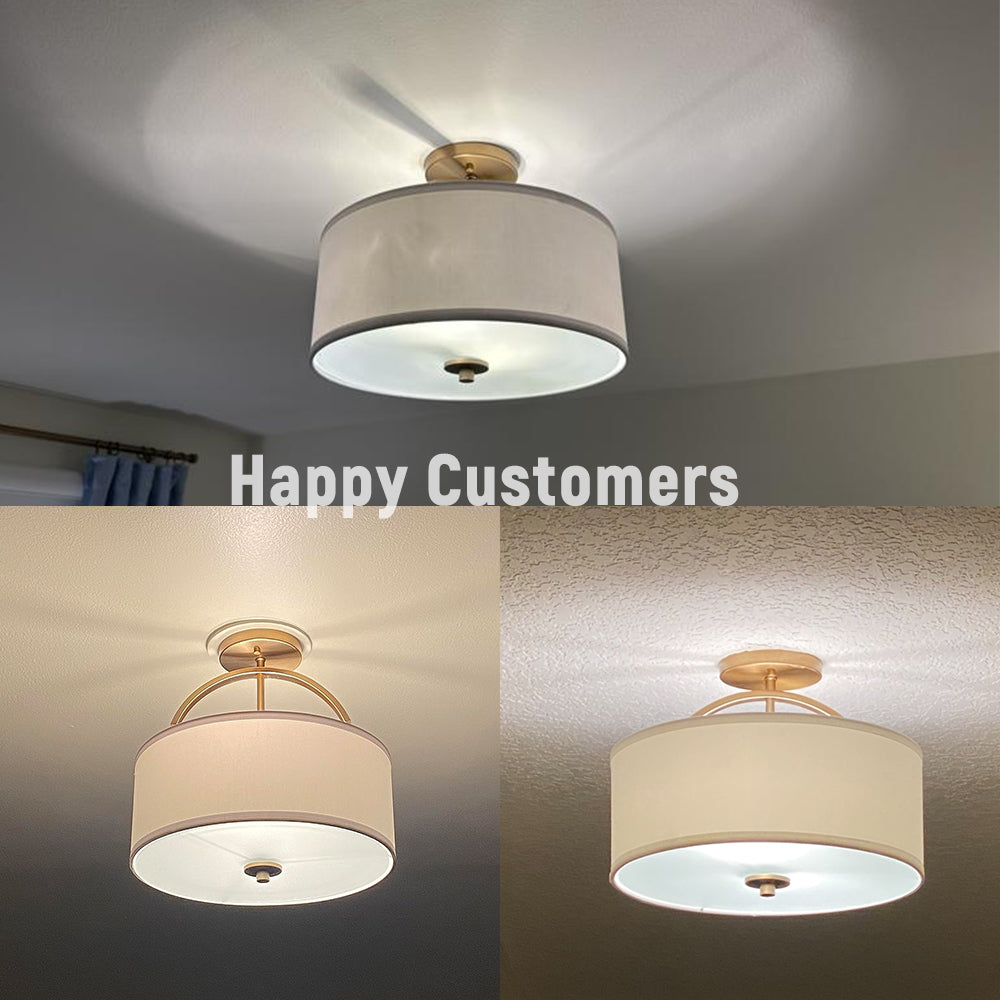 Plafoniera Semi Flush a Tamburo con Ombrello in Lino a 2 Luci