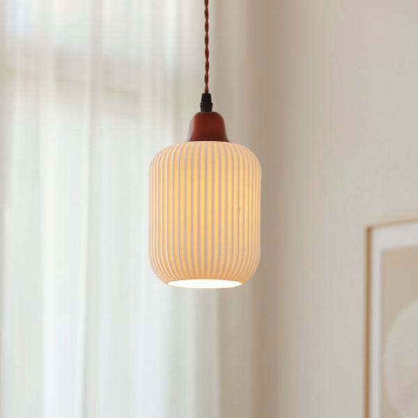 Lampada a sospensione tradizionale giapponese in ceramica con cupola rotonda piegata, legno massello e ferro, 1 luce per soggiorno e camera da letto