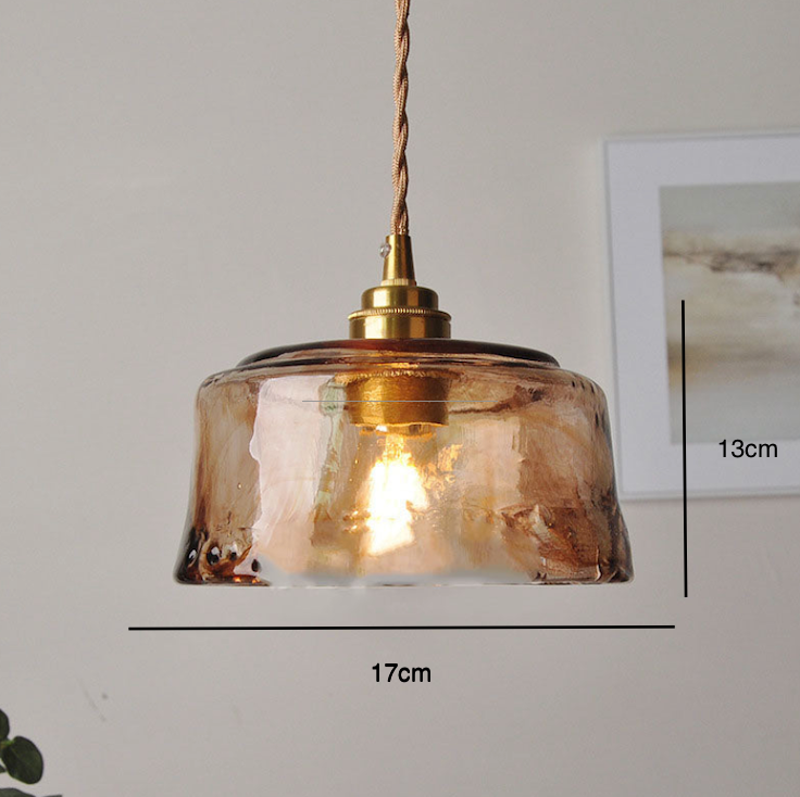 Lampadario Vintage in Vetro Ambra Rotondo con Ottone 1 Luce