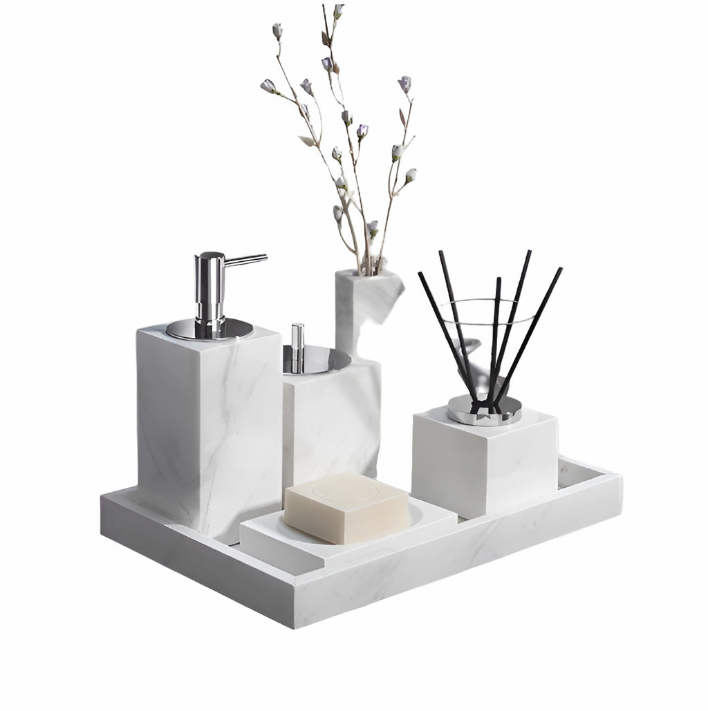 Set da Bagno in Marmo Bianco – Dispenser per Sapone, Porta Sapone, Spazzola per WC & Vassoio | Eleganti Accessori da Bagno
