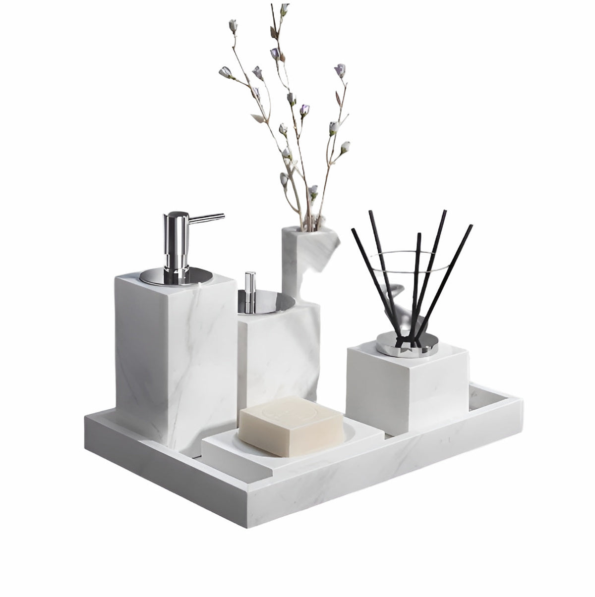Set da Bagno in Marmo Bianco – Dispenser per Sapone, Porta Sapone, Spazzola per WC & Vassoio | Eleganti Accessori da Bagno