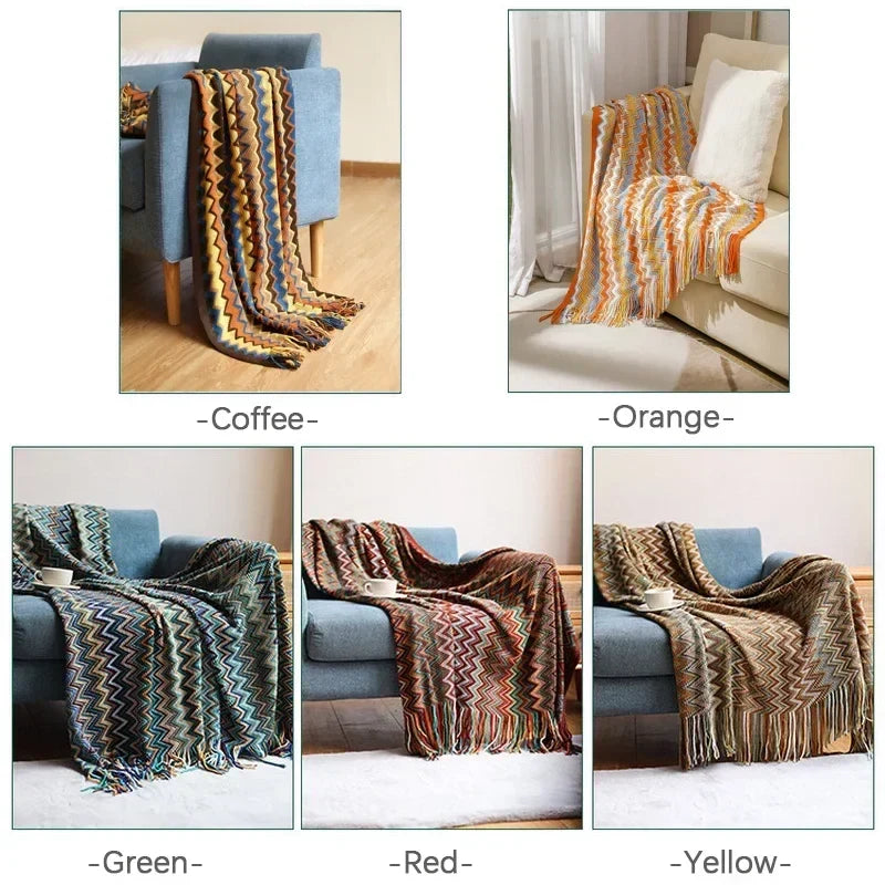 Coperta Boho a Quadri con Frange – Morbida Coperta con Motivo Geometrico in Colori Caldi