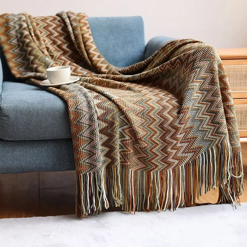 Coperta Boho a Quadri con Frange – Morbida Coperta con Motivo Geometrico in Colori Caldi