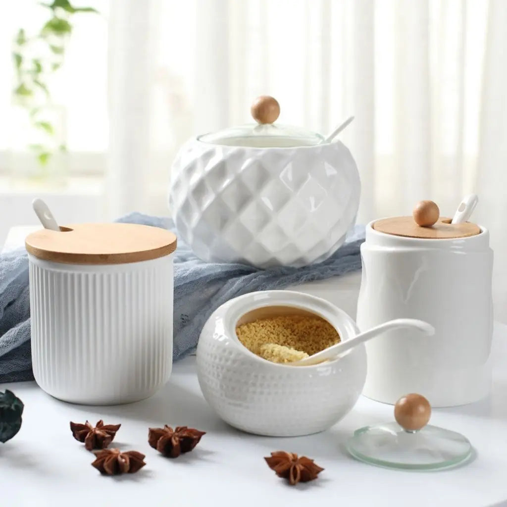 Barattolo in Ceramica Evel con Coperchio in Bambù e Cucchiaio