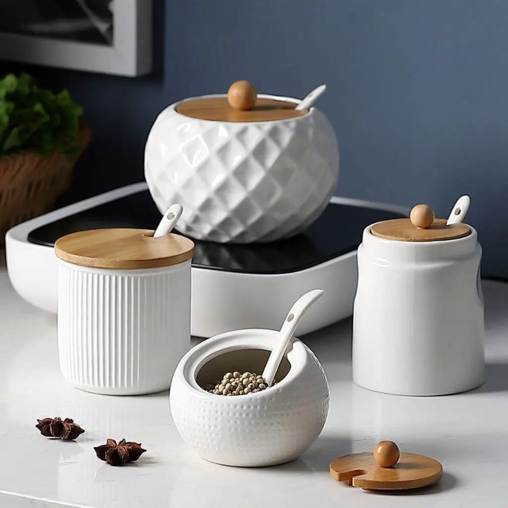 Barattolo in Ceramica Evel con Coperchio in Bambù e Cucchiaio