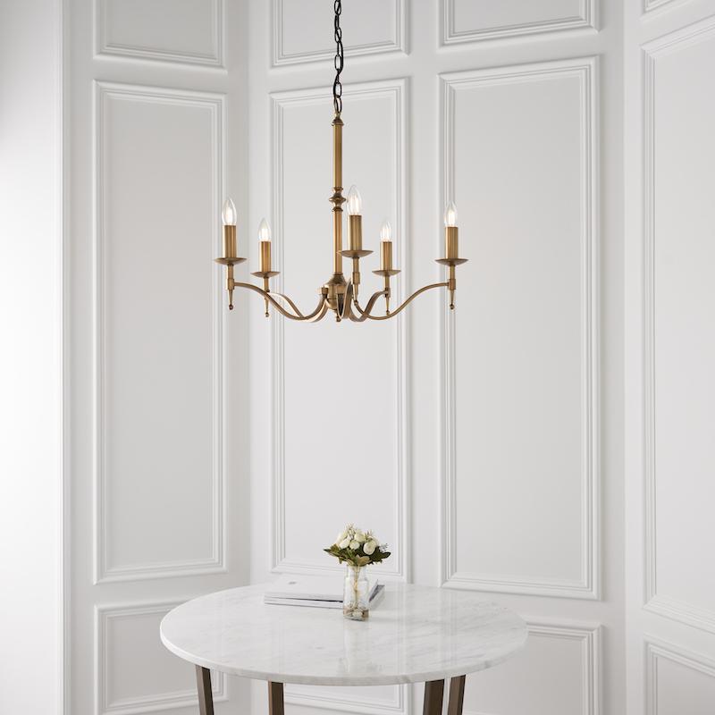 Lampadario Stanford 5 Luci Finitura Ottone Antico