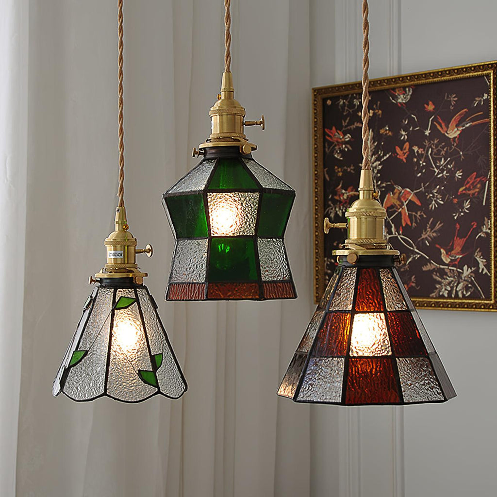Lampada a sospensione Tiffany – Ottone & Vetro – Verde/Arancione – Lampada da pranzo per accenti eleganti