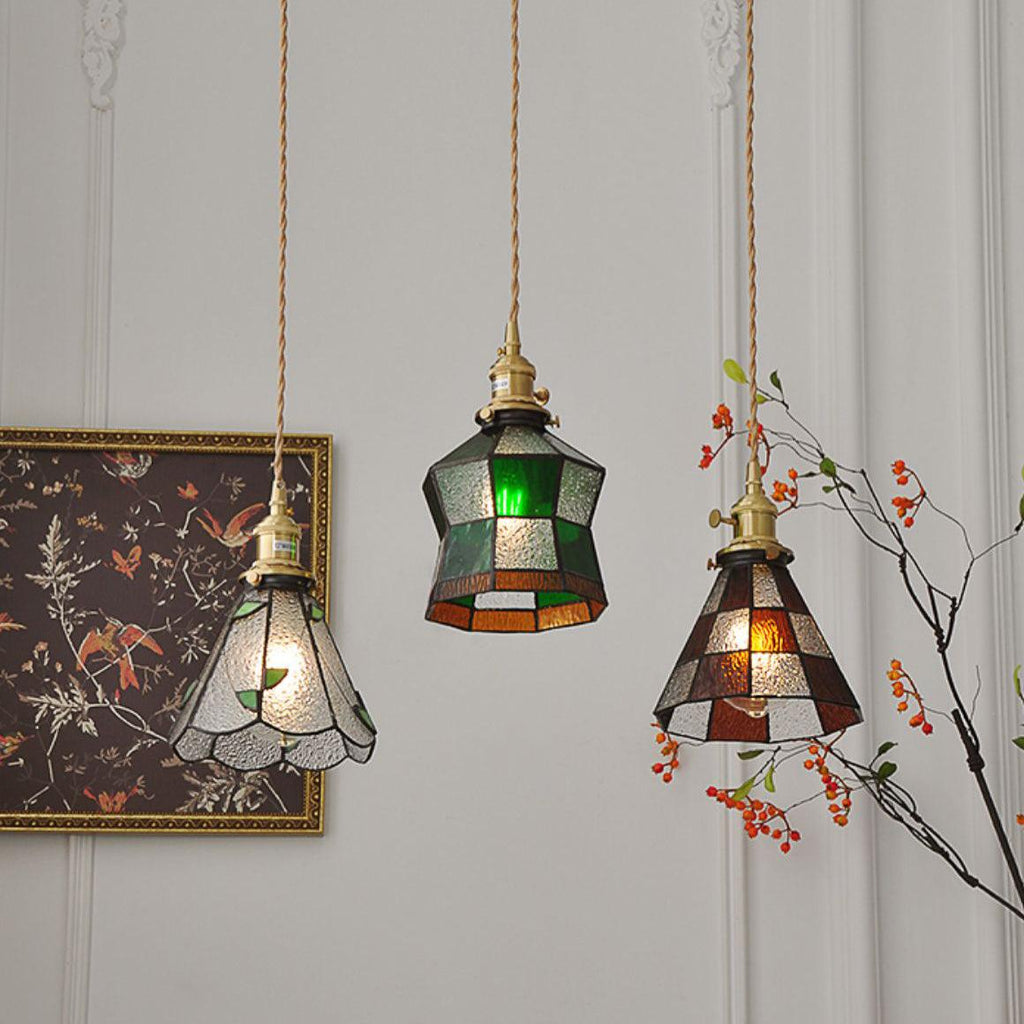 Lampada a sospensione Tiffany – Ottone & Vetro – Verde/Arancione – Lampada da pranzo per accenti eleganti
