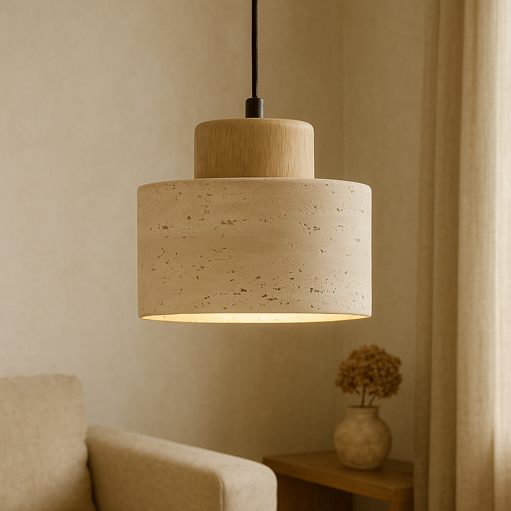 Lampada a sospensione in pietra travertino con paralume cilindrico