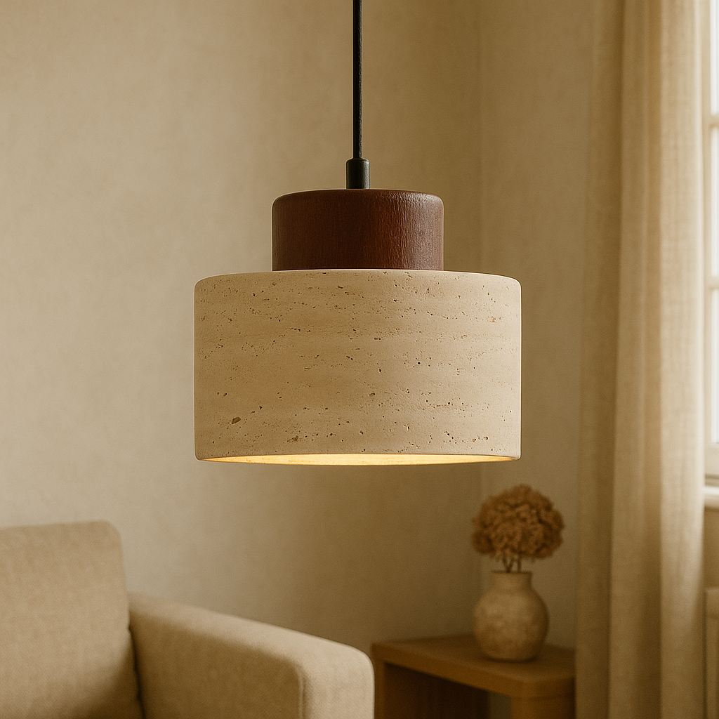 Lampada a sospensione in pietra travertino con paralume cilindrico