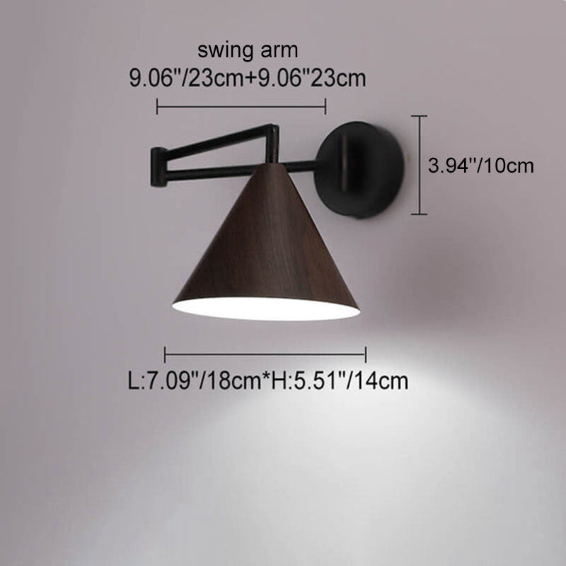 Applique da parete in ferro con braccio a sospensione a cono nordico contemporaneo in legno 1 luce per camera da letto