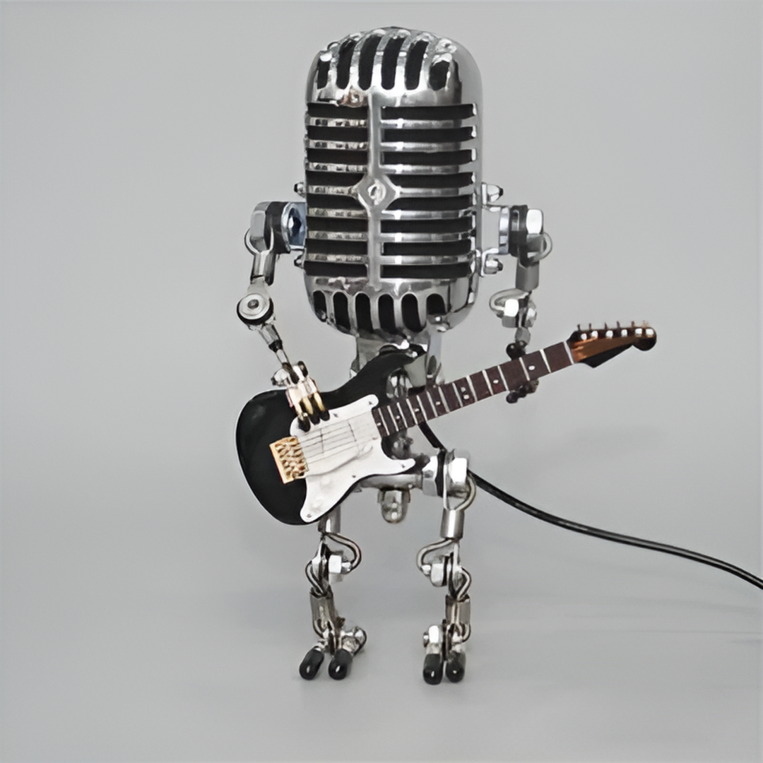 Lampada da Tavolo Robot Unica con Testa a Microfono e Forma di Chitarra