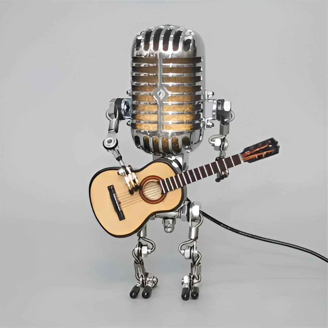 Lampada da Tavolo Robot Unica con Testa a Microfono e Forma di Chitarra