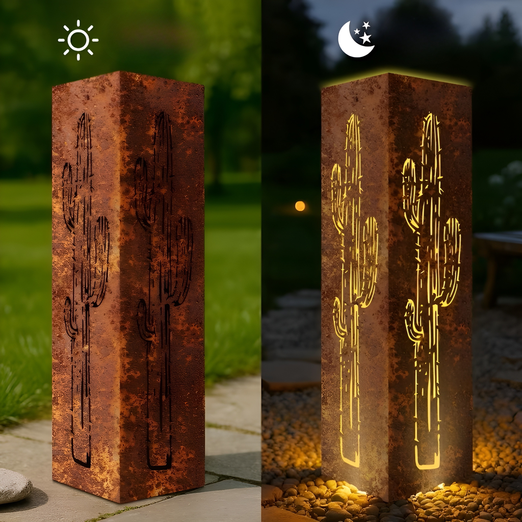 Lanterna da Giardino 3D in Metallo a Forma di Cactus – Decorazione Rustica per Giardino e Balcone | Lampada Decorativa in Stile Deserto per Terrazza e Vasi
