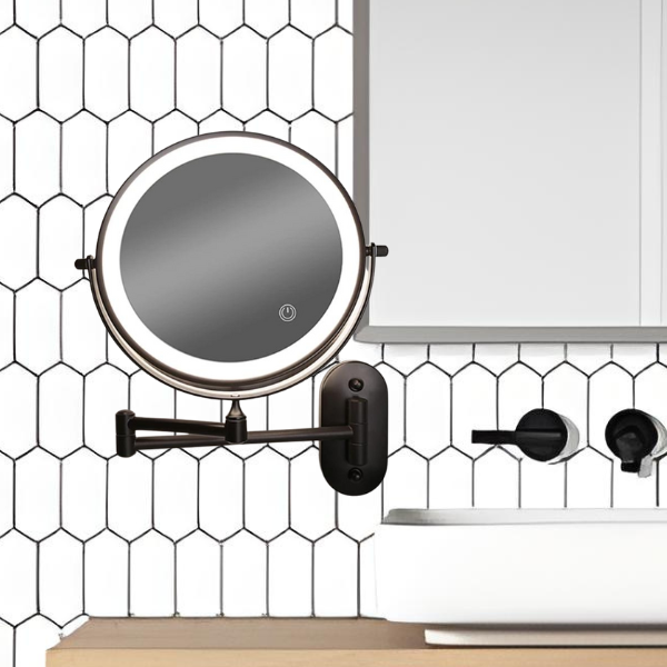 Specchio ingrandente LED ricaricabile nero per trucco e bagno