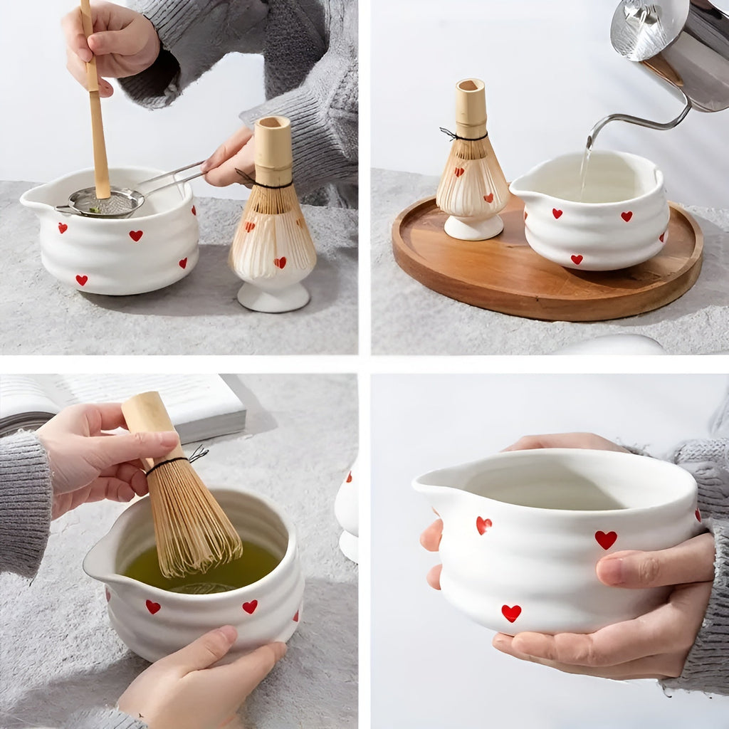 Ciotola per Matcha con design a cuore – 4/5 pezzi con versatore e frusta in bambù | Ideale per uso domestico