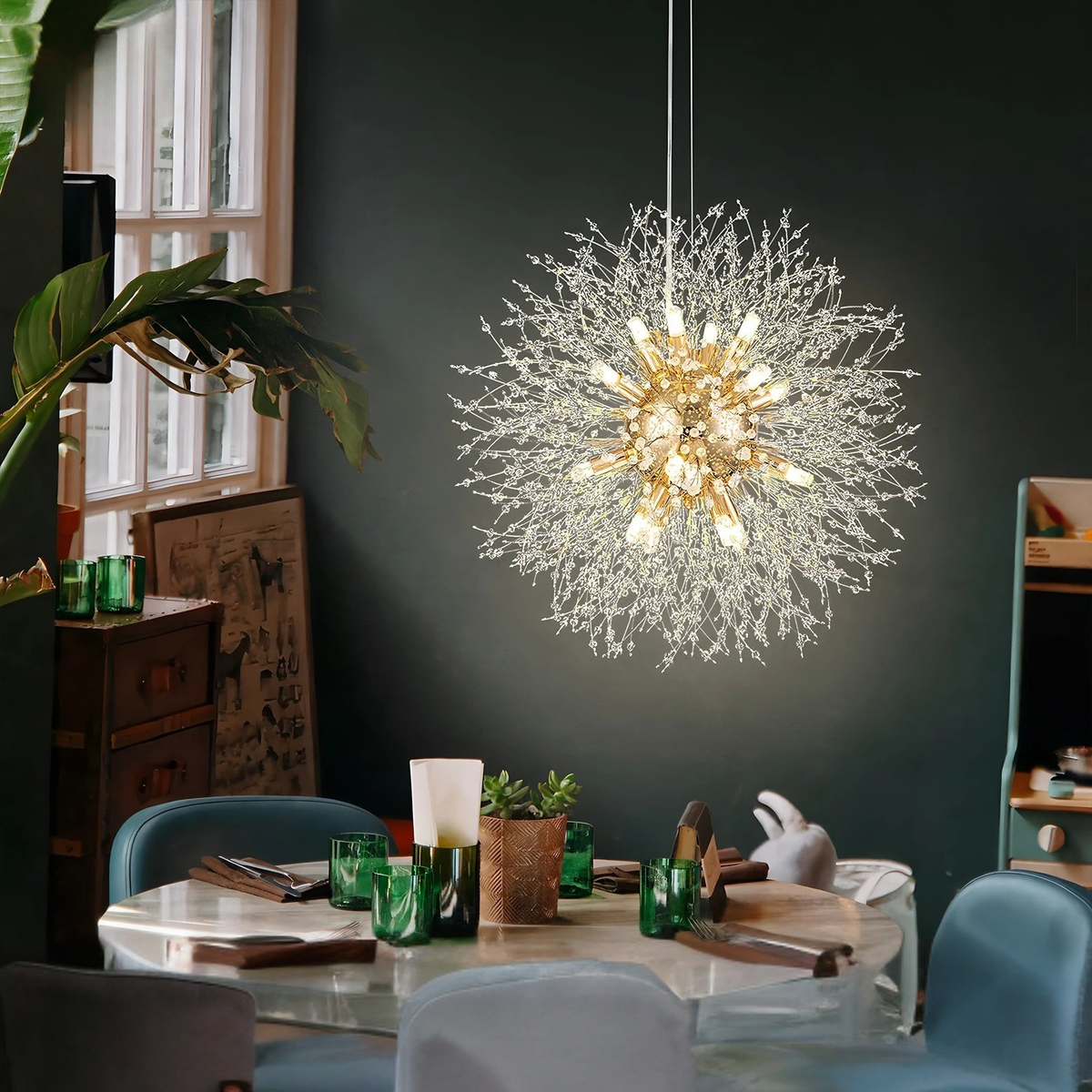 Lampadario LED con sfere di cristallo – Effetto Dente di Leone scintillante | Illuminazione elegante per soggiorno e sala da pranzo