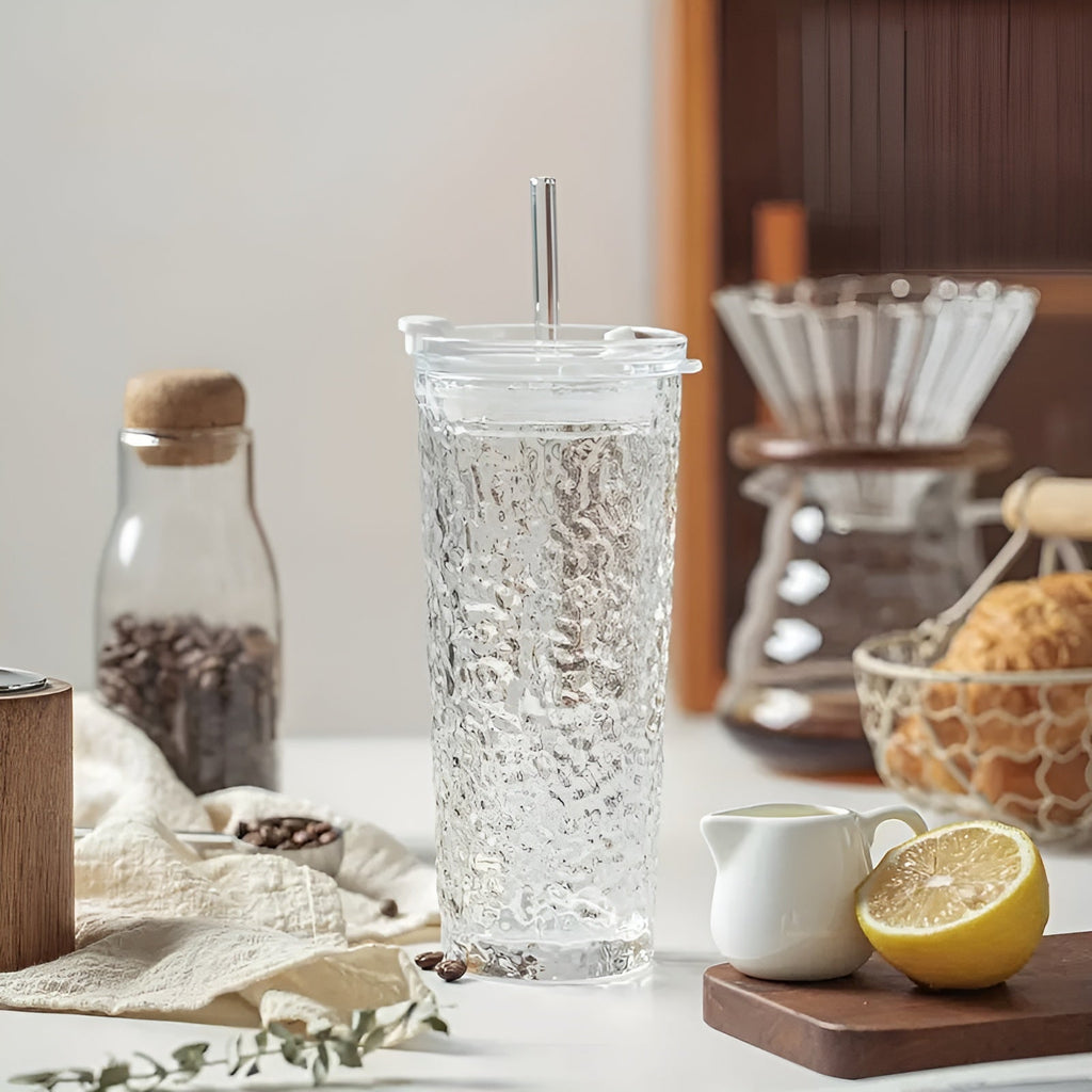 Bicchieri con coperchio e cannuccia – Set di 2 in vetro moderno | Riutilizzabili e antiscivolo, Ideali per caffè, tè e bevande fredde