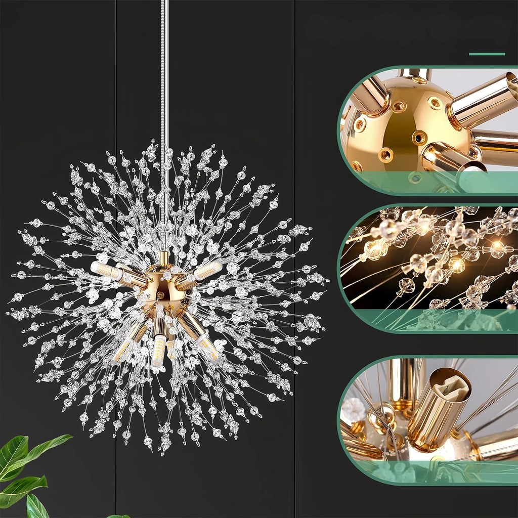 Lampadario LED con sfere di cristallo – Effetto Dente di Leone scintillante | Illuminazione elegante per soggiorno e sala da pranzo