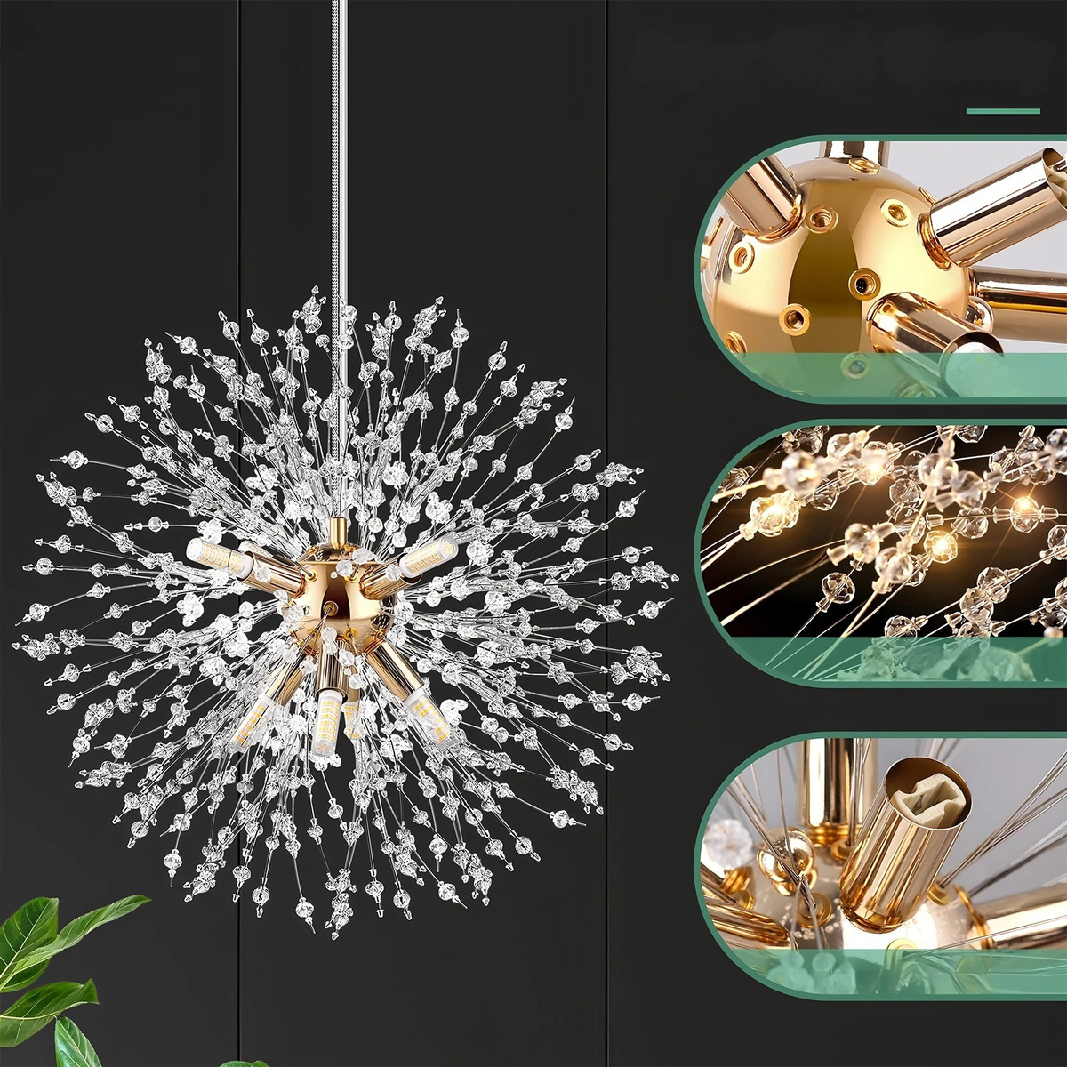 Lampadario LED con sfere di cristallo – Effetto Dente di Leone scintillante | Illuminazione elegante per soggiorno e sala da pranzo