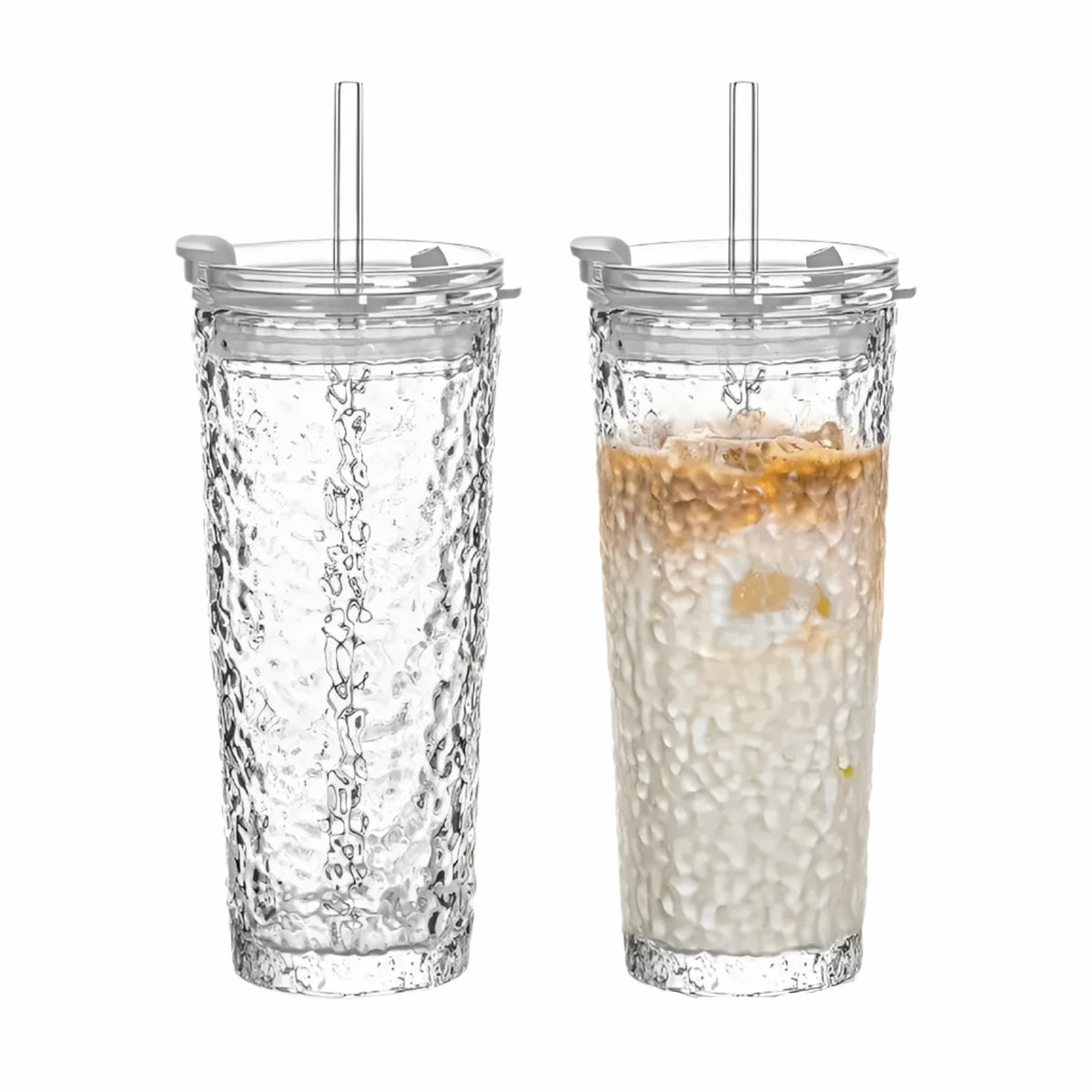 Bicchieri con coperchio e cannuccia – Set di 2 in vetro moderno | Riutilizzabili e antiscivolo, Ideali per caffè, tè e bevande fredde