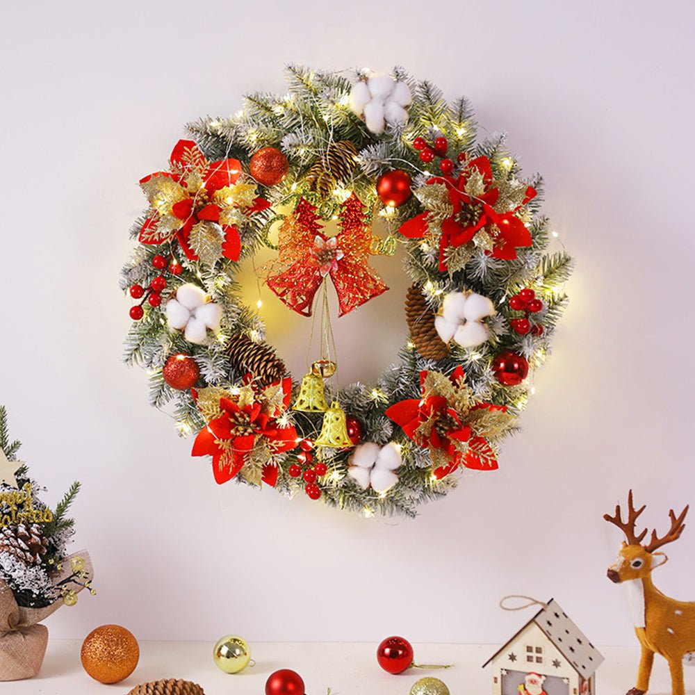 Corona di Natale LED con Campane Dorate – Illuminazione Bianco Caldo per la Porta