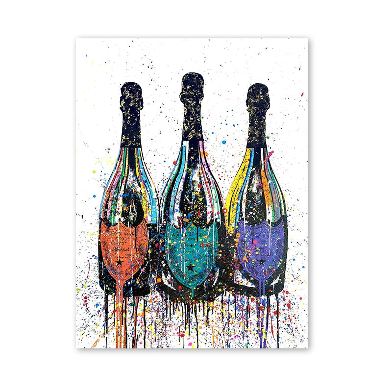 Quadro da parete – Stampa su tela – Bottiglia di champagne – Colorato – 80×120 cm – Pop-Art moderna per il soggiorno