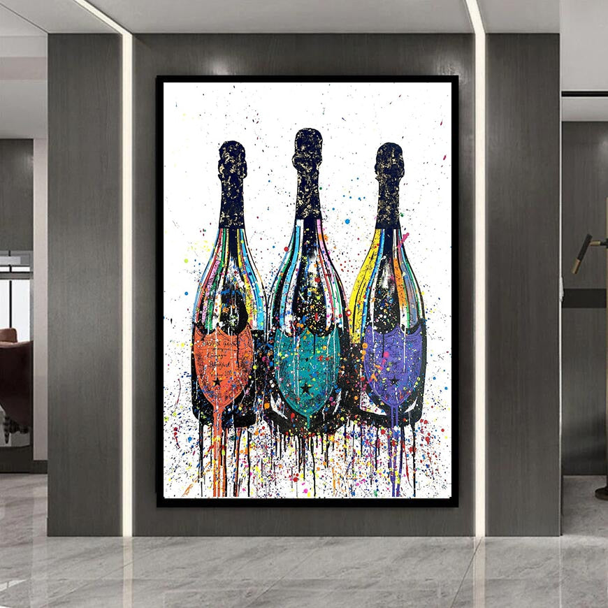 Quadro da parete – Stampa su tela – Bottiglia di champagne – Colorato – 80×120 cm – Pop-Art moderna per il soggiorno