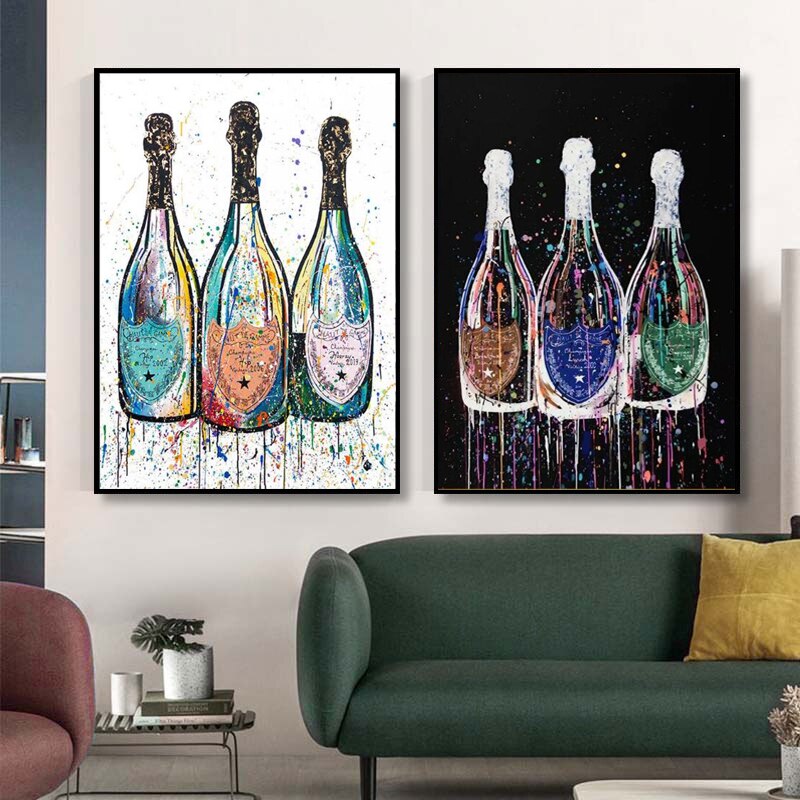 Quadro da parete – Stampa su tela – Bottiglia di champagne – Colorato – 80×120 cm – Pop-Art moderna per il soggiorno