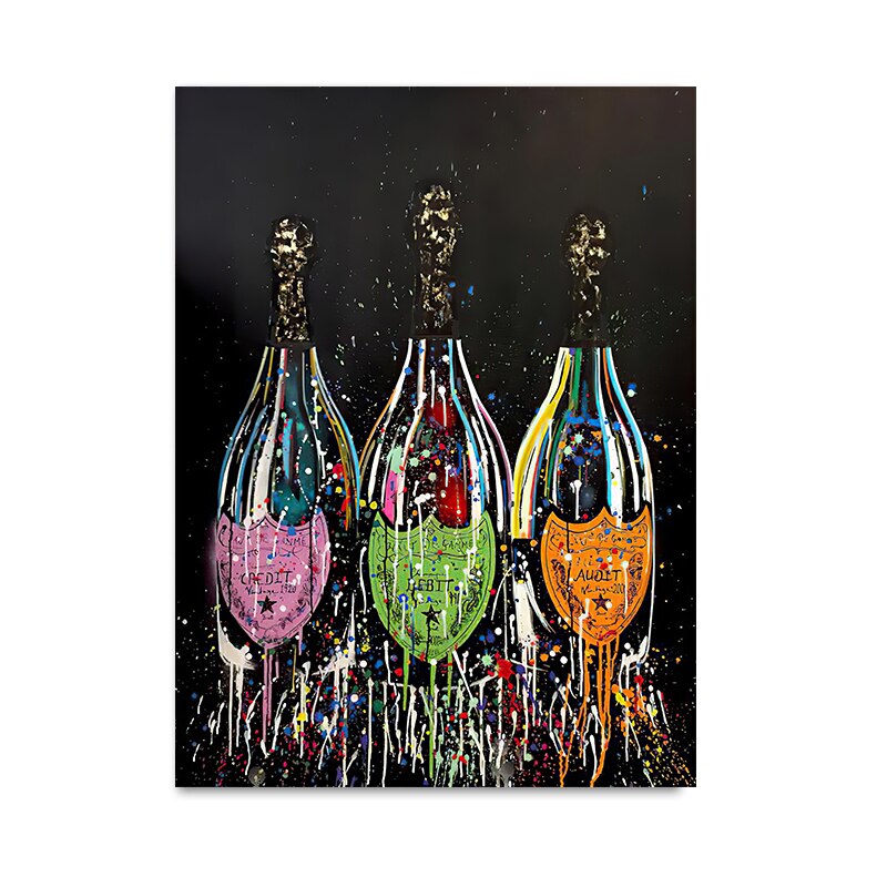 Quadro da parete – Stampa su tela – Bottiglia di champagne – Colorato – 80×120 cm – Pop-Art moderna per il soggiorno