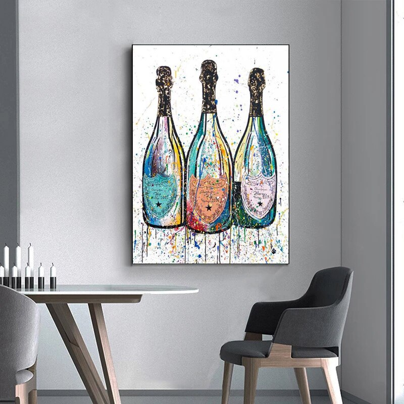 Quadro da parete – Stampa su tela – Bottiglia di champagne – Colorato – 80×120 cm – Pop-Art moderna per il soggiorno